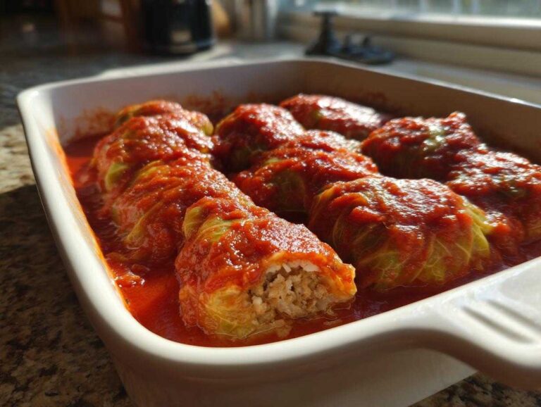 Close-up of Cabbage Rolls with Ground Turkey baked in a white dish covered with rich tomato sauce.
