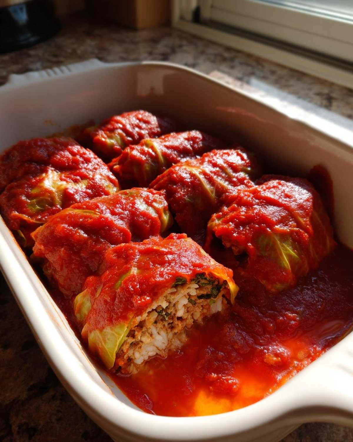 A baking dish filled with Cabbage Rolls with Ground Turkey smothered in rich tomato sauce, one roll cut open showing the rice filling.