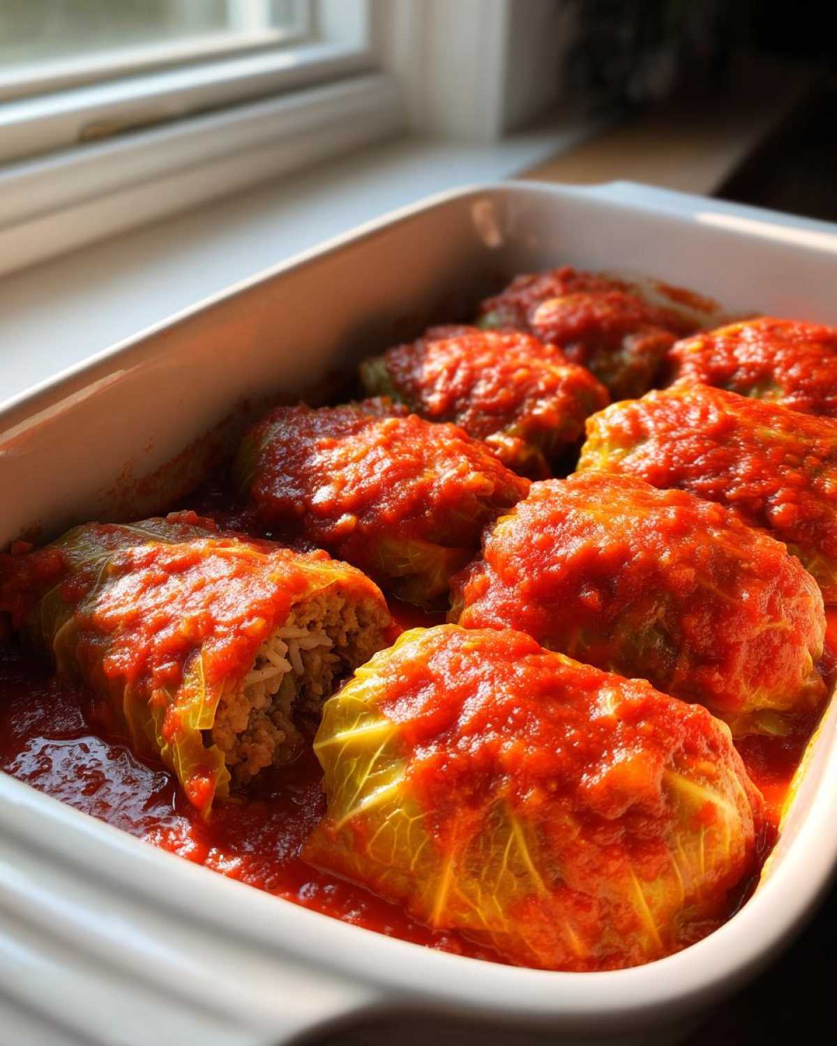 Close-up of baked Cabbage Rolls with Ground Turkey topped generously with bright red tomato sauce in a white baking dish.