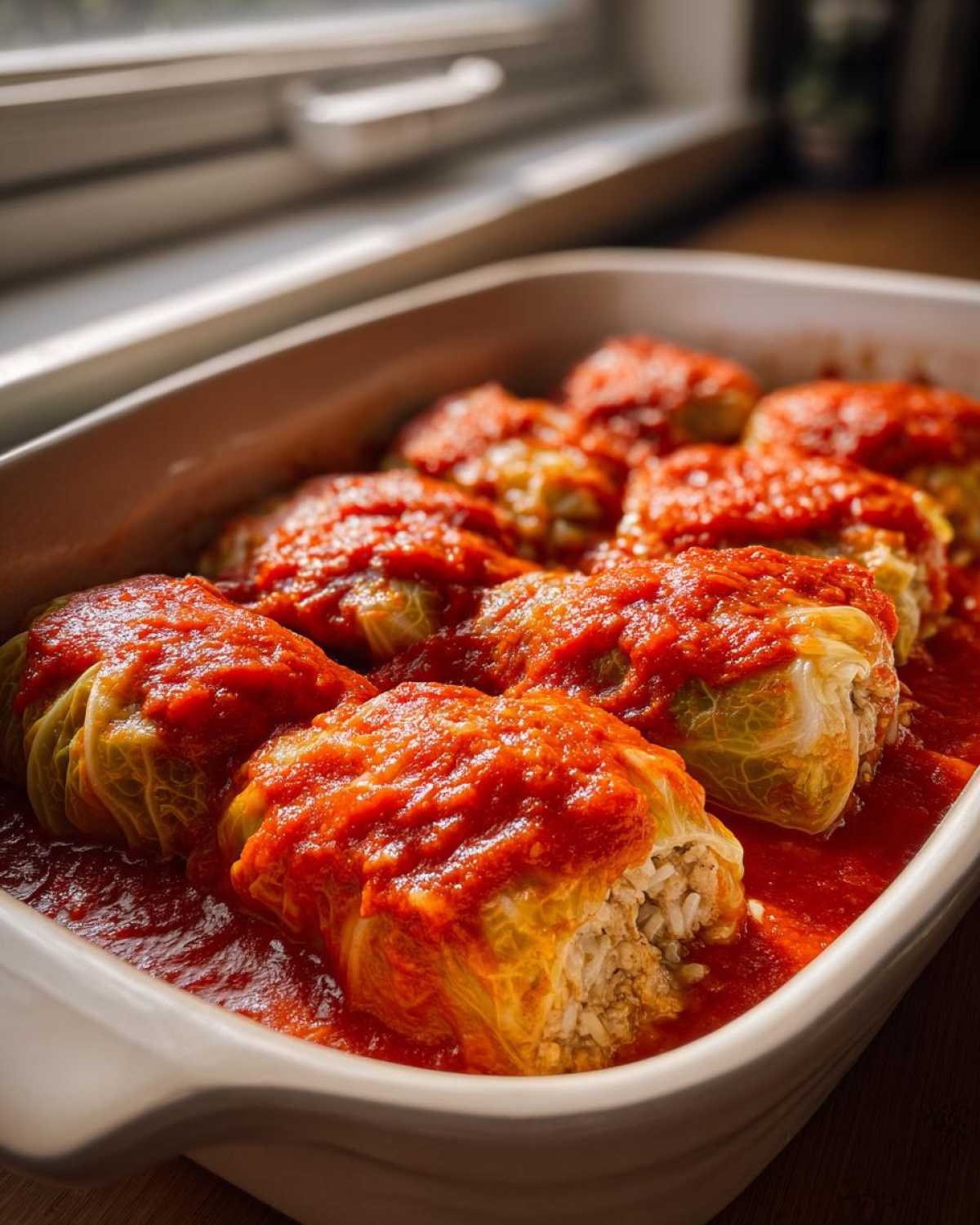 Close-up of Cabbage Rolls with Ground Turkey baked in a casserole dish covered in rich tomato sauce.