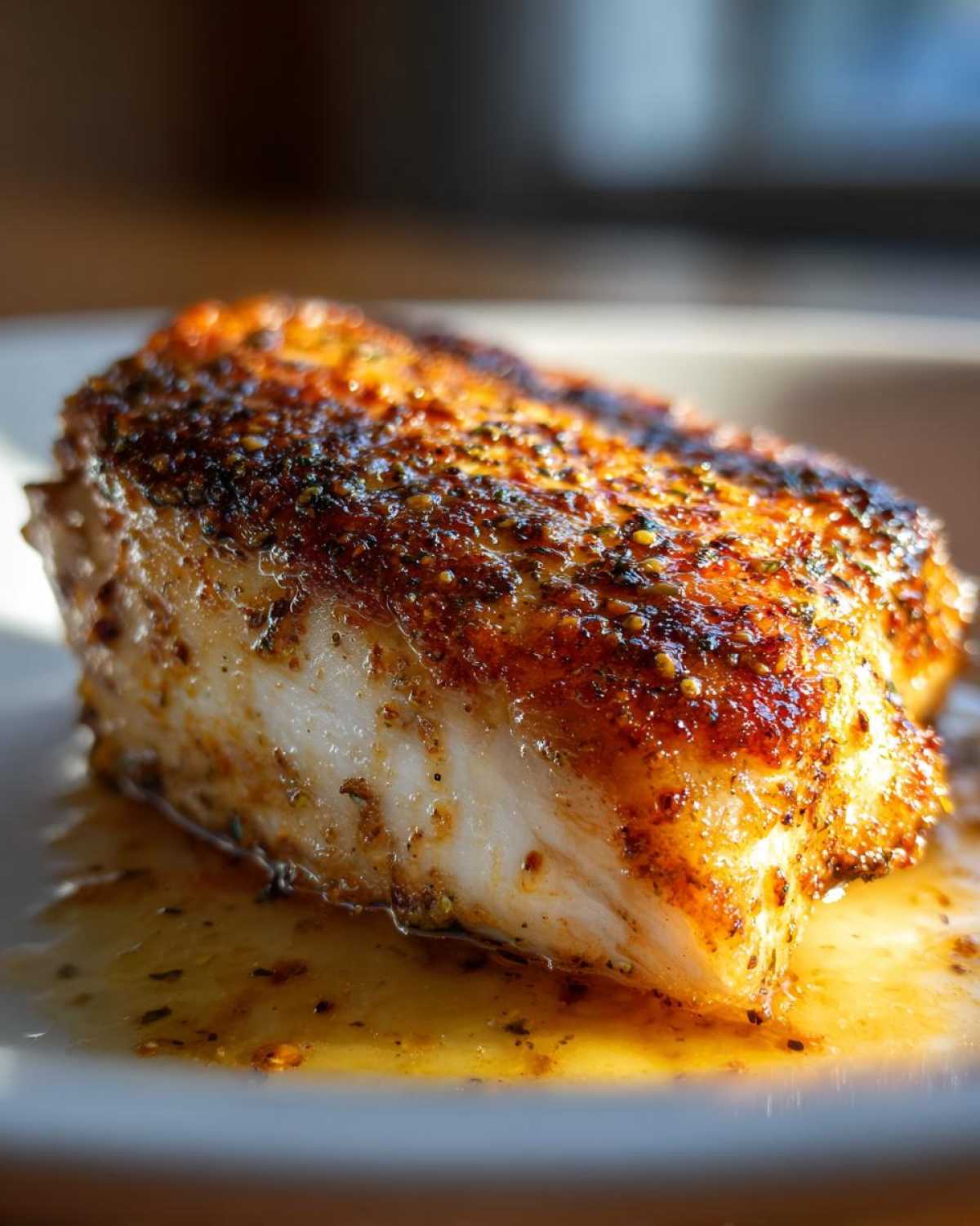 Close-up of a thick, juicy piece of cajun chicken breast with a heavily seasoned, browned crust resting in its own juices.