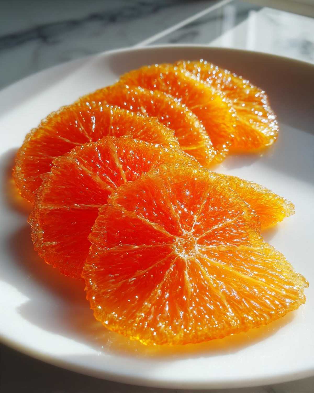 Close-up of glistening, bright orange candied orange slices arranged on a white plate.