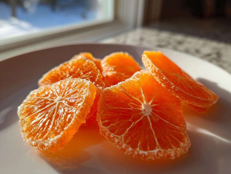 Close-up of several bright orange candied orange slices coated in sugar resting on a white plate near a window.