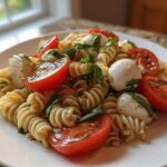 A close-up serving of vibrant caprese pasta salad featuring rotini pasta, cherry tomato halves, mozzarella balls, and fresh basil.