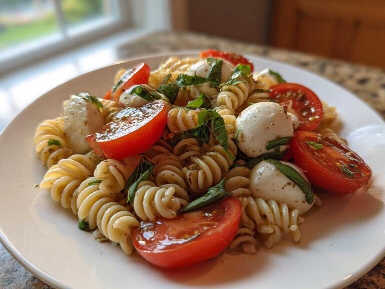 A close-up serving of vibrant caprese pasta salad featuring rotini pasta, cherry tomato halves, mozzarella balls, and fresh basil.
