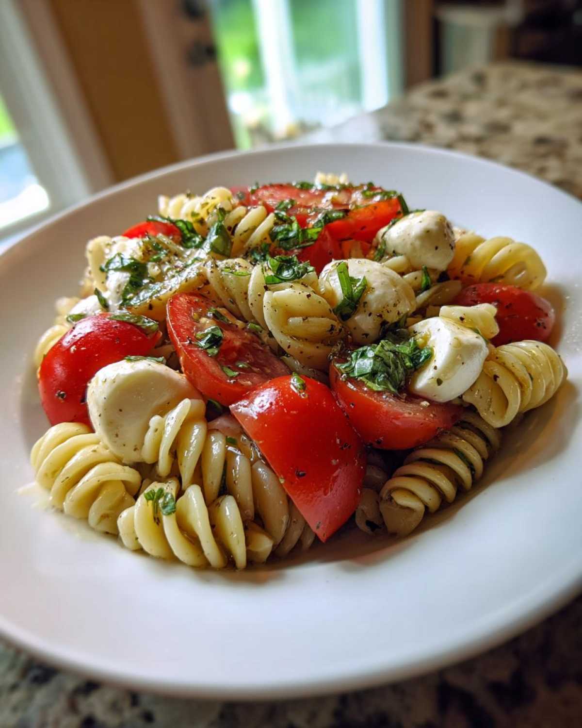 Close-up of a white bowl filled with vibrant caprese pasta salad featuring rotini, cherry tomatoes, mozzarella balls, and fresh basil.
