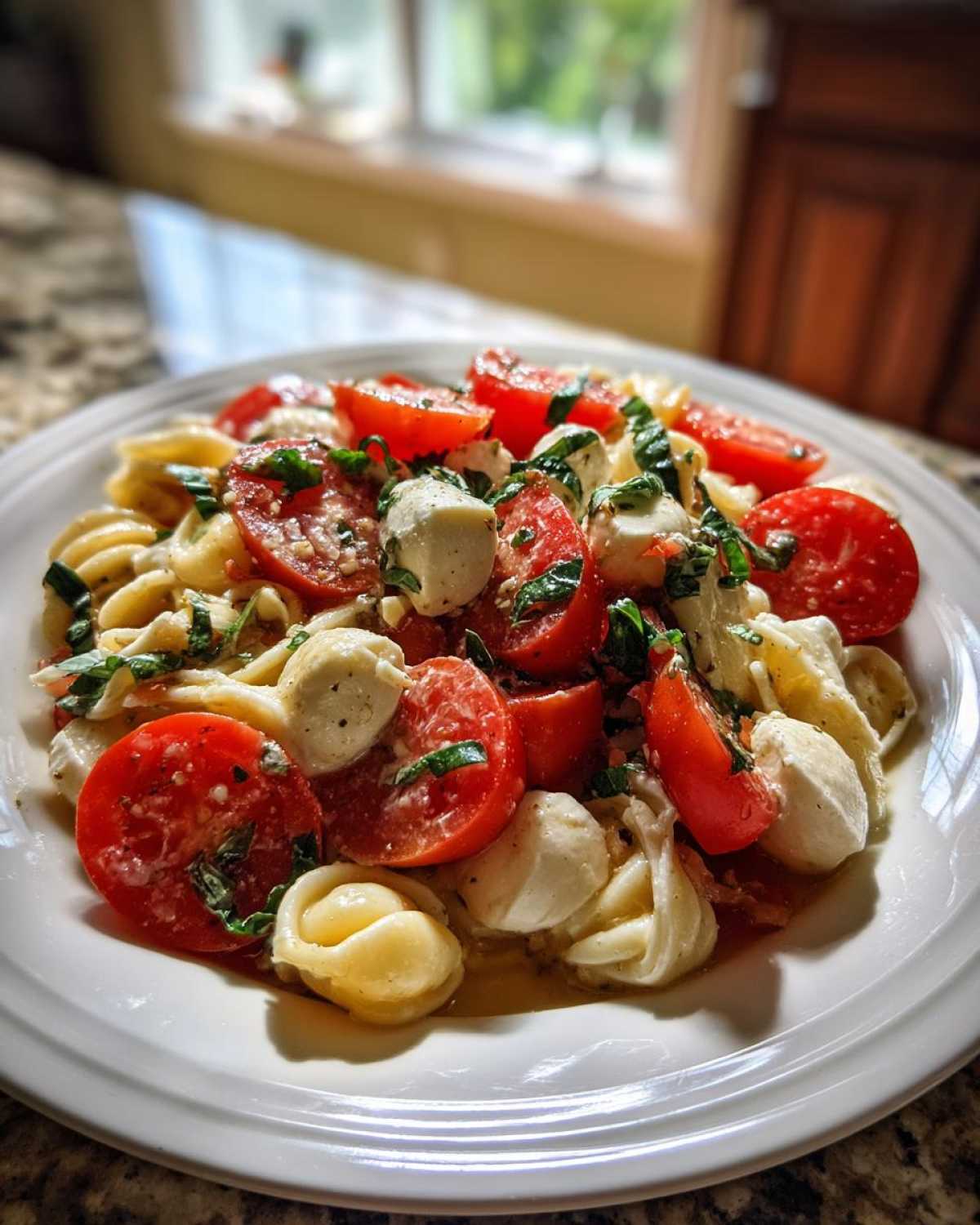 A white plate filled with vibrant caprese pasta salad featuring tortellini, halved cherry tomatoes, mozzarella balls, and fresh basil.