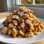 A large mound of golden Caramel Churro Chex Mix piled high on a white plate, dusted heavily with powdered sugar.