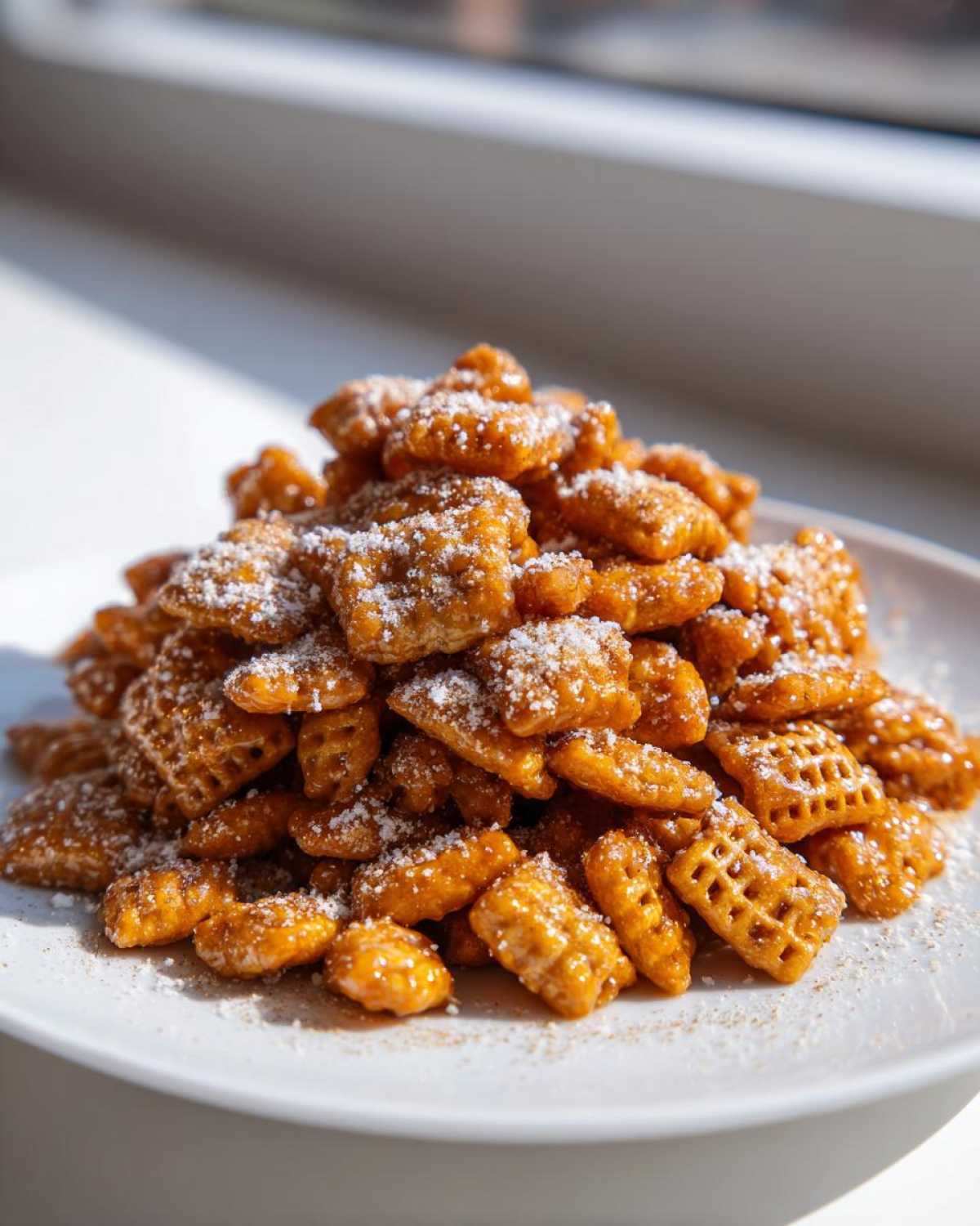 A tall pile of golden Caramel Churro Chex Mix dusted with powdered sugar on a white plate.
