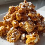 A close-up of a mound of sticky, caramel-coated Caramel Churro Chex Mix dusted with powdered sugar.