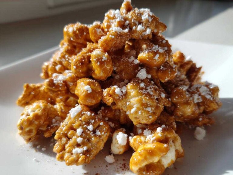 A close-up of a mound of sticky, caramel-coated Caramel Churro Chex Mix dusted with powdered sugar.
