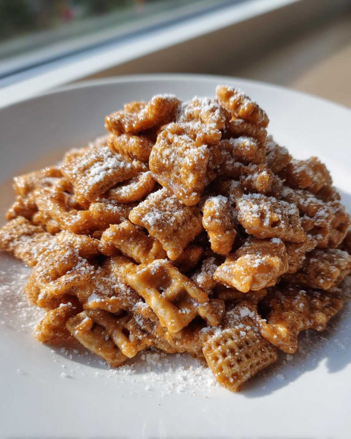 A close-up of a mound of Caramel Churro Chex Mix coated in caramel and dusted with powdered sugar on a white plate.