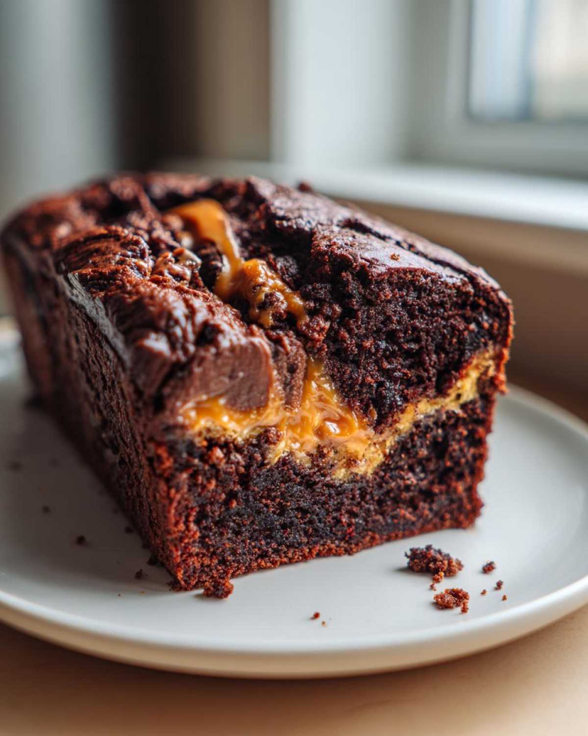 Close-up of a moist, dark chocolate Brownie Bread loaf with a gooey caramel swirl visible in the center.
