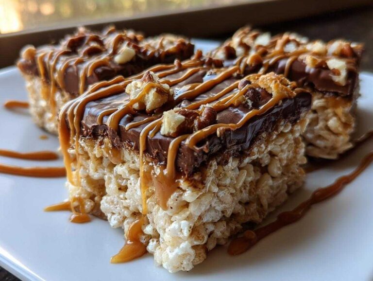 Three decadent Caramel Turtle Rice Krispie Treats squares topped with chocolate, caramel drizzle, and pecans on a white plate.