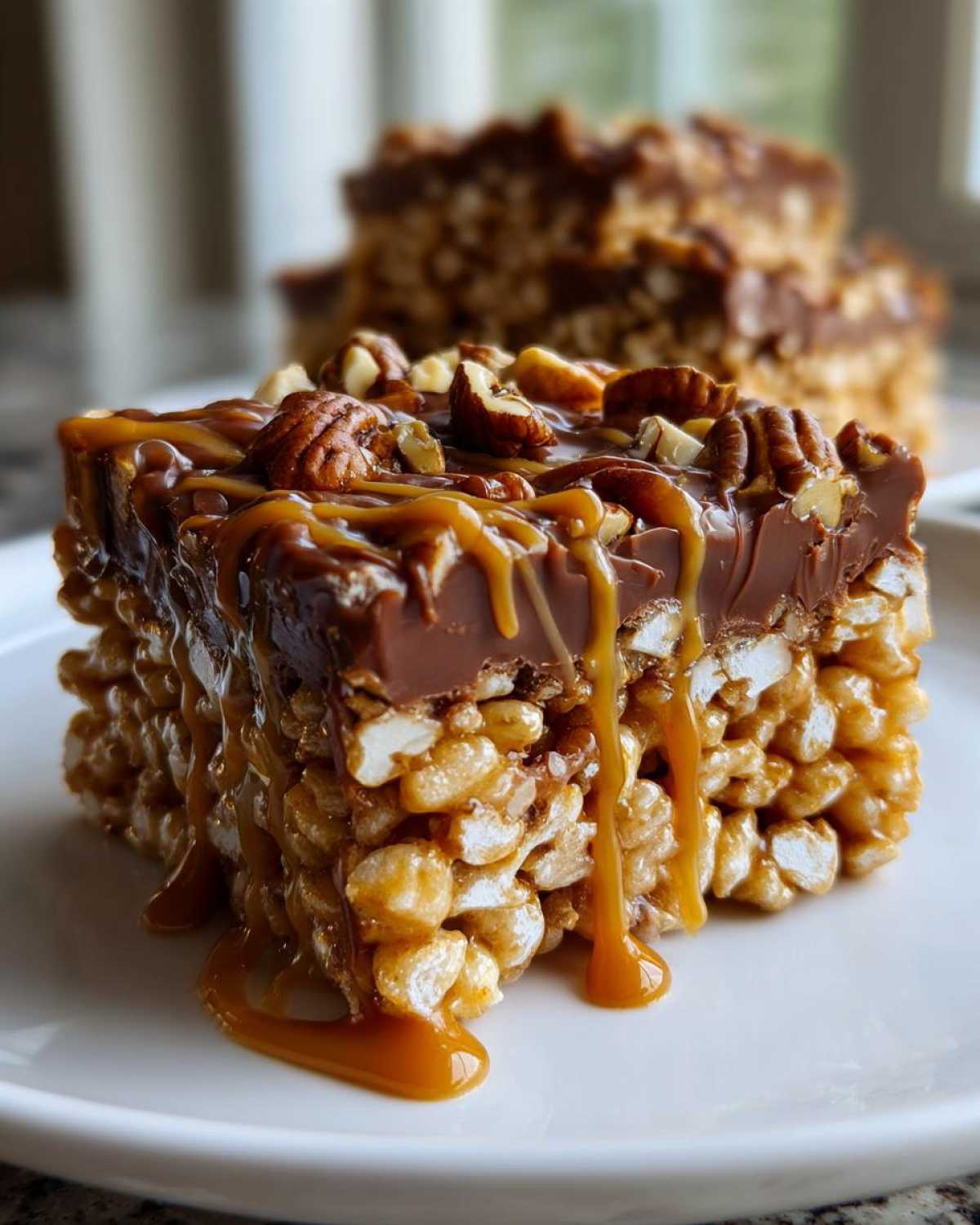 Close-up of a Caramel Turtle Rice Krispie Treats square topped with chocolate, caramel drizzle, and pecans.