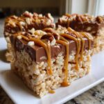 Close-up of a square Caramel Turtle Rice Krispie Treats topped with chocolate, pecans, and drizzled caramel.