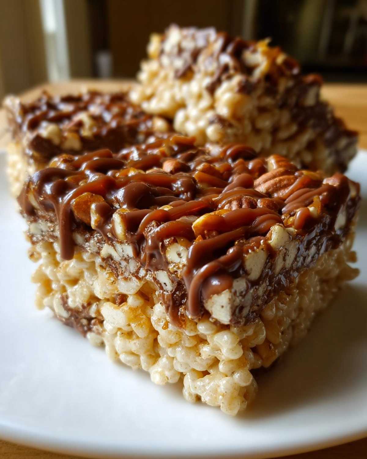 A close-up of a decadent Caramel Turtle Rice Krispie Treats square topped with pecans, chocolate, and caramel drizzle.
