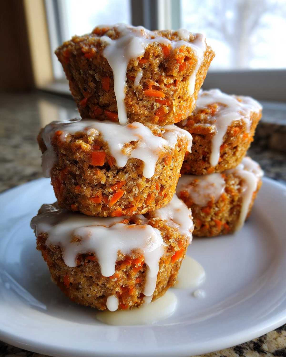 A stack of four moist Carrot Cake Muffins with Tangy Cream Cheese Glaze dripping down the sides.