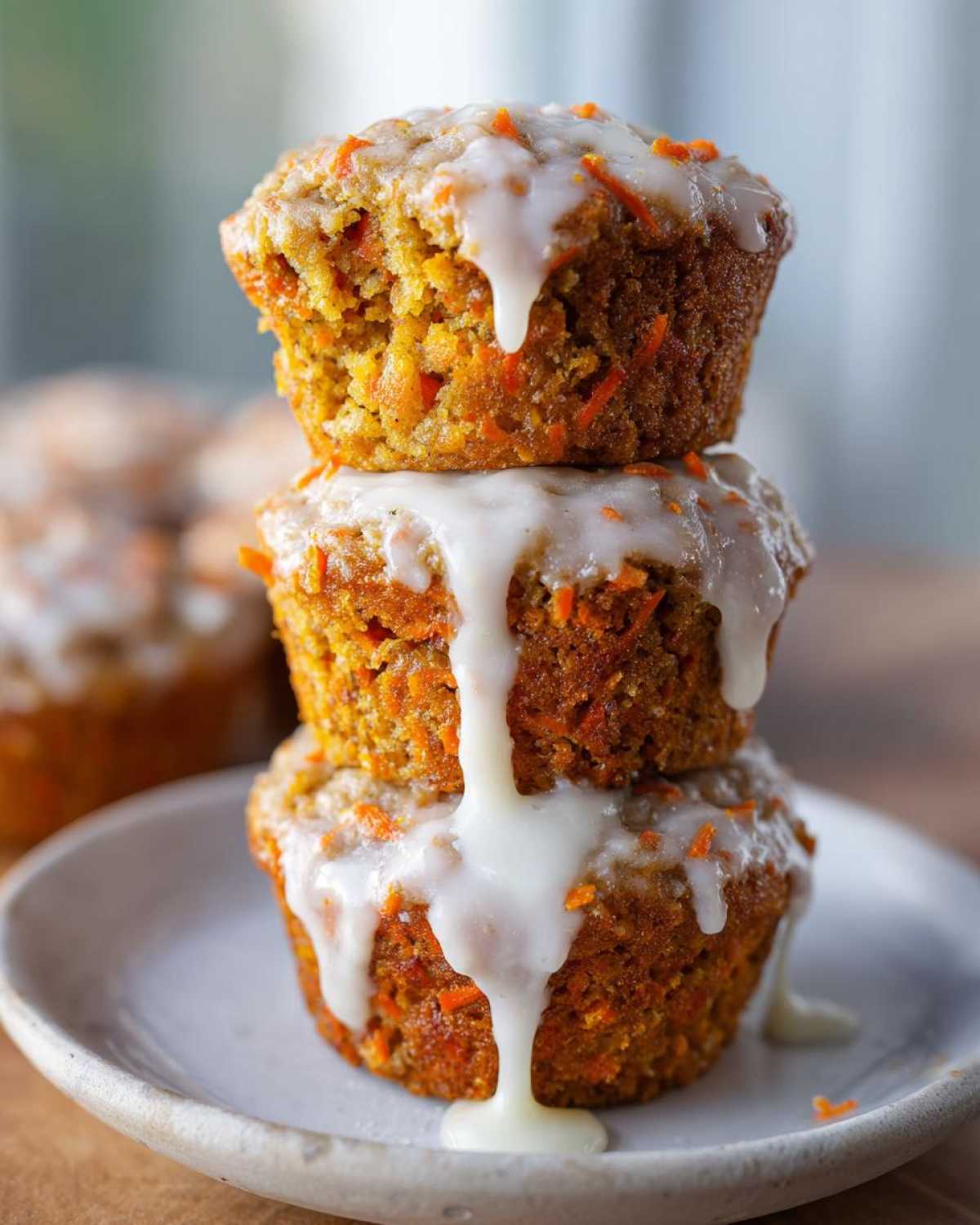 Three Carrot Cake Muffins with Tangy Cream Cheese Glaze stacked vertically on a plate, with glaze dripping down.