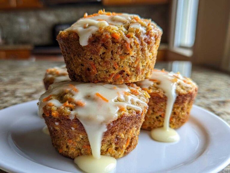 A stack of three moist Carrot Cake Muffins with Tangy Cream Cheese Glaze drizzling down the sides onto a white plate.