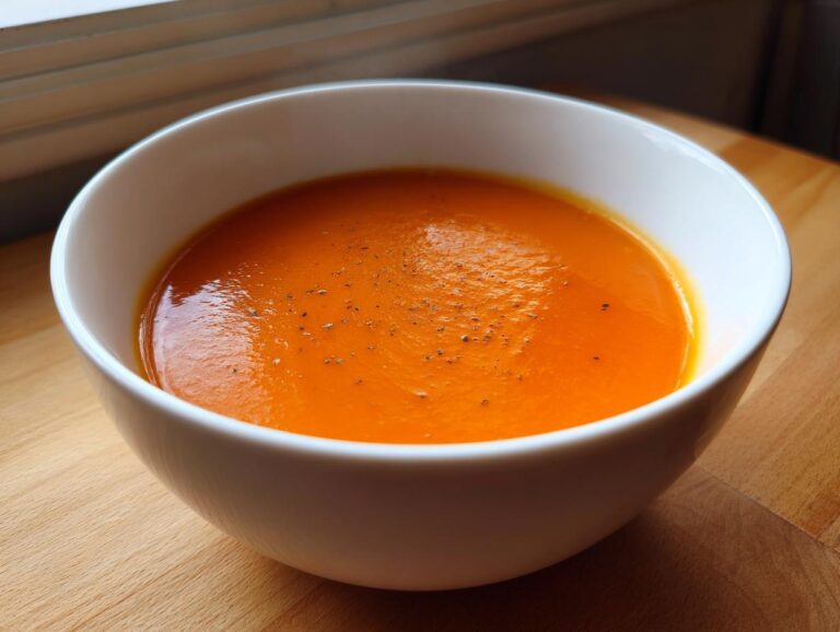 35-Minute Amazing Carrot Ginger Soup A close-up of a white bowl filled with bright orange carrot ginger soup, lightly seasoned with black pepper.