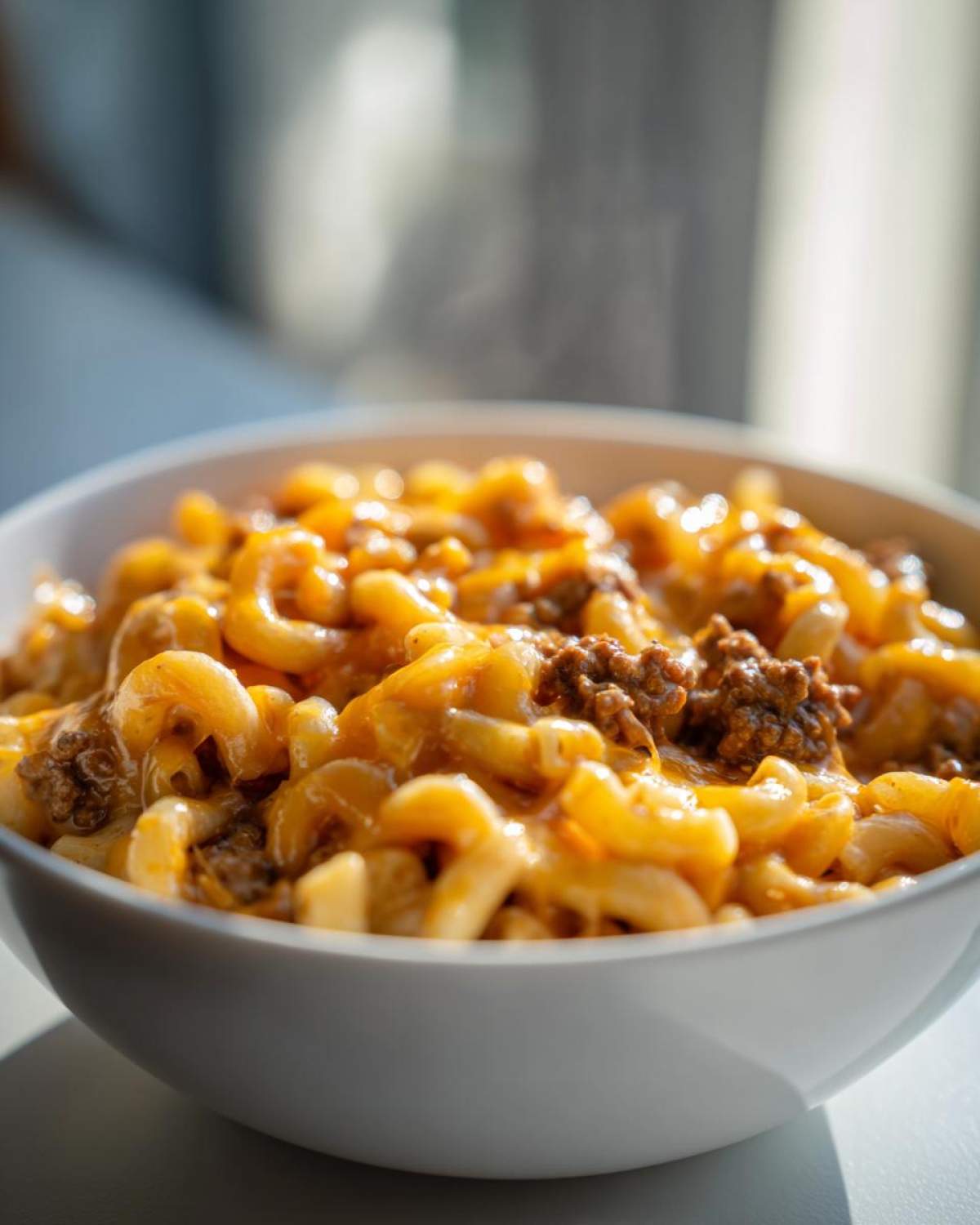 Close-up of a white bowl filled with creamy, cheesy cheeseburger pasta mixed with ground beef, showing steam rising.