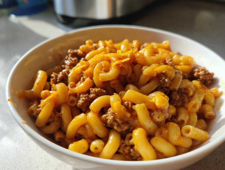 Close-up of a white bowl filled with cheesy, saucy cheeseburger pasta featuring elbow macaroni and ground beef.