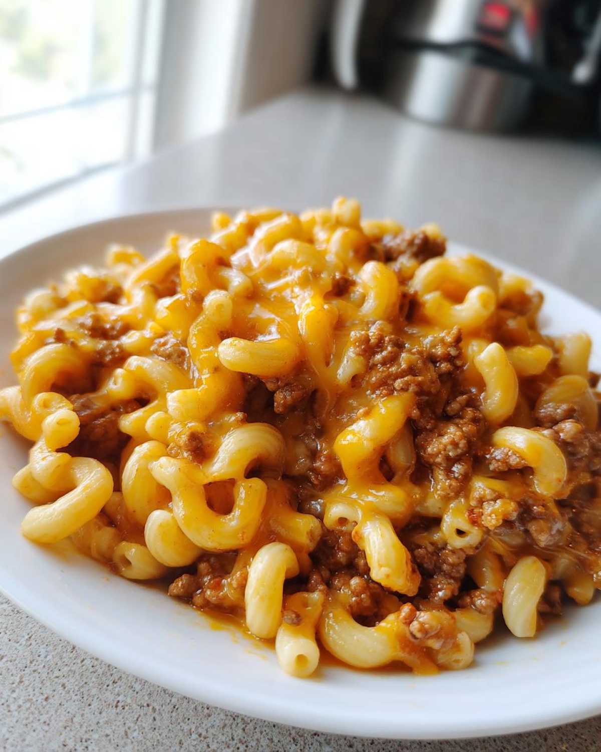 A close-up shot of a white plate filled with creamy, cheesy cheeseburger pasta featuring elbow macaroni and ground beef.