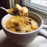 A spoonful of creamy cheeseburger soup showing melted cheese strings stretching between the spoon and the bowl.