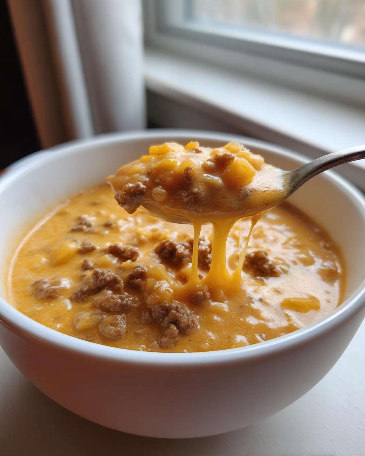 A spoonful of rich, cheesy cheeseburger soup showing melted cheese stretching between the spoon and the bowl.