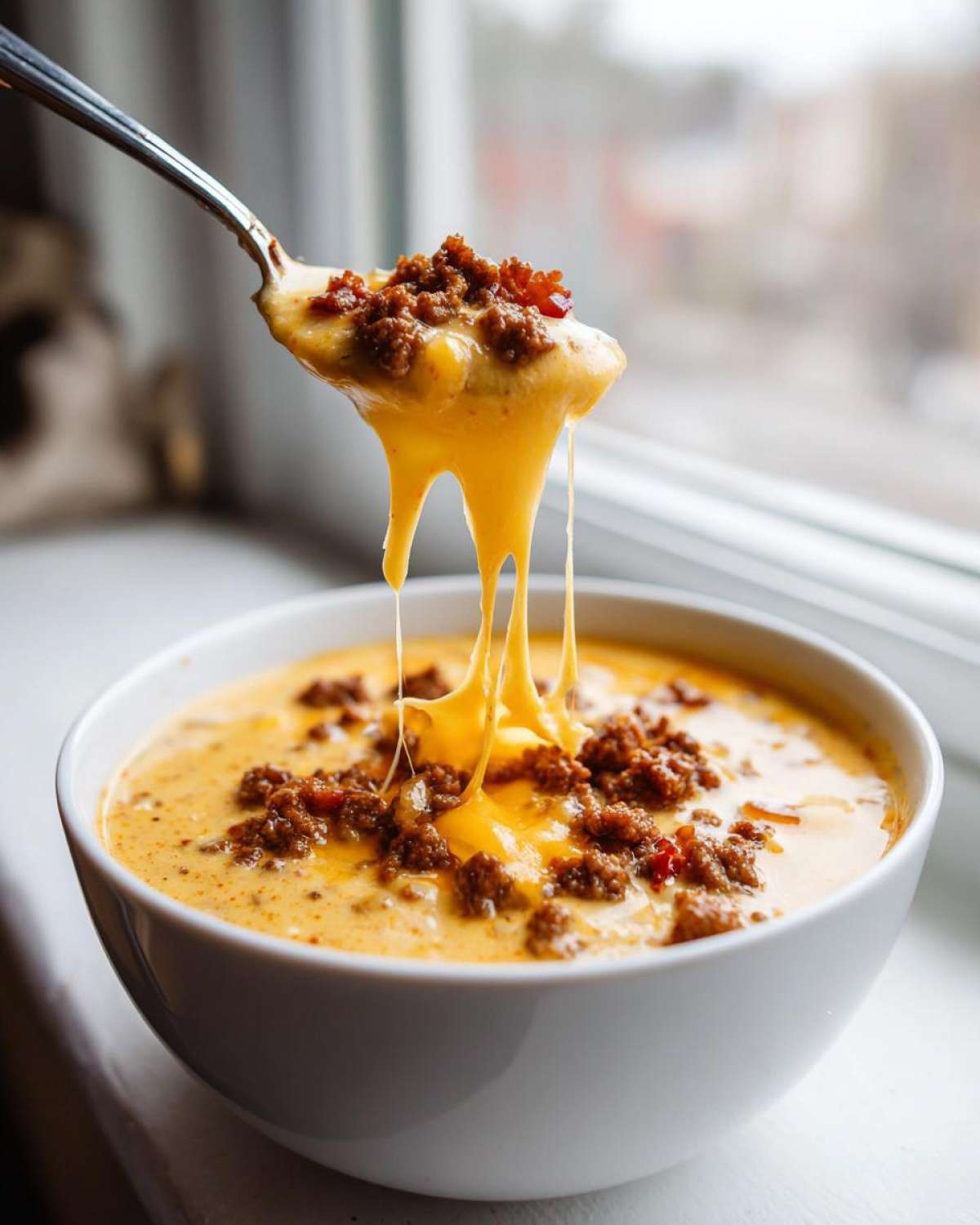 A spoonful of creamy, cheesy cheeseburger soup showing dramatic cheese pulls, topped with ground beef.