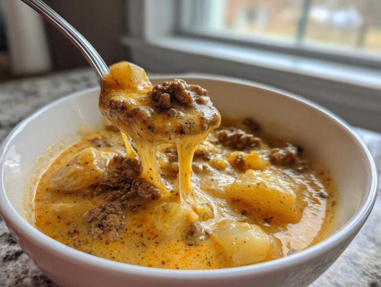 35-Minute Amazing Cheeseburger Soup A spoonful of rich, cheesy cheeseburger soup lifted from a white bowl, showing ground beef and potatoes with a dramatic cheese pull.