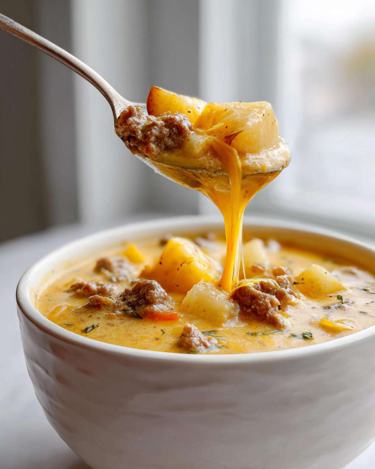 A spoonful of creamy cheeseburger soup showing ground beef, potatoes, and a dramatic cheese pull.