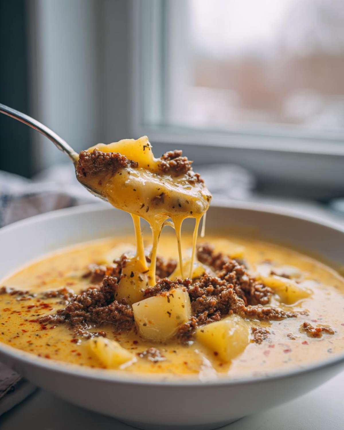 A spoonful of creamy cheeseburger soup showing melted cheese stretching between the spoon and the bowl, filled with ground beef and potatoes.