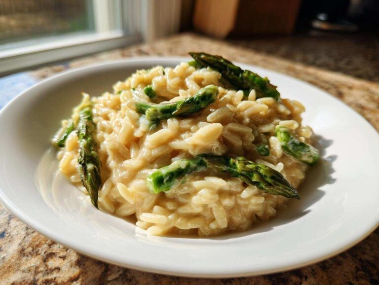 A serving of creamy Cheesy Asparagus Orzotto recipe in a white bowl, garnished with bright green asparagus spears.