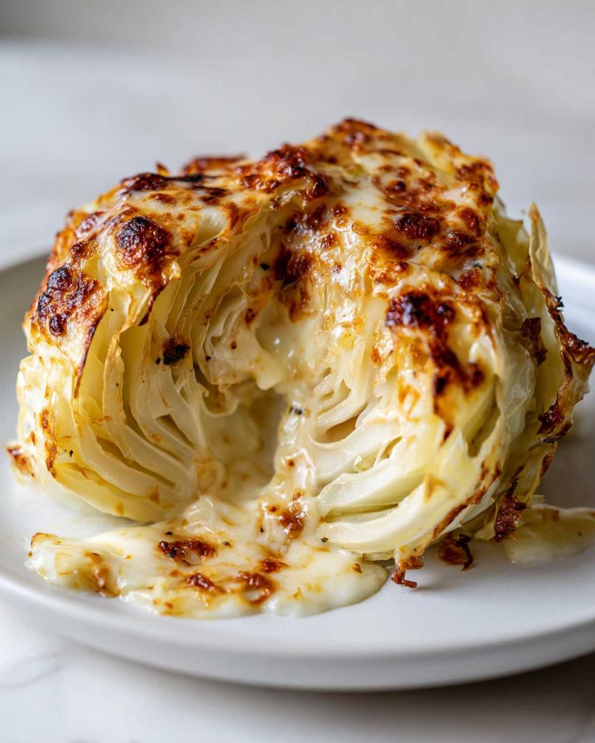 A baked half cabbage recipe topped with melted, browned cheese, oozing onto the white plate.