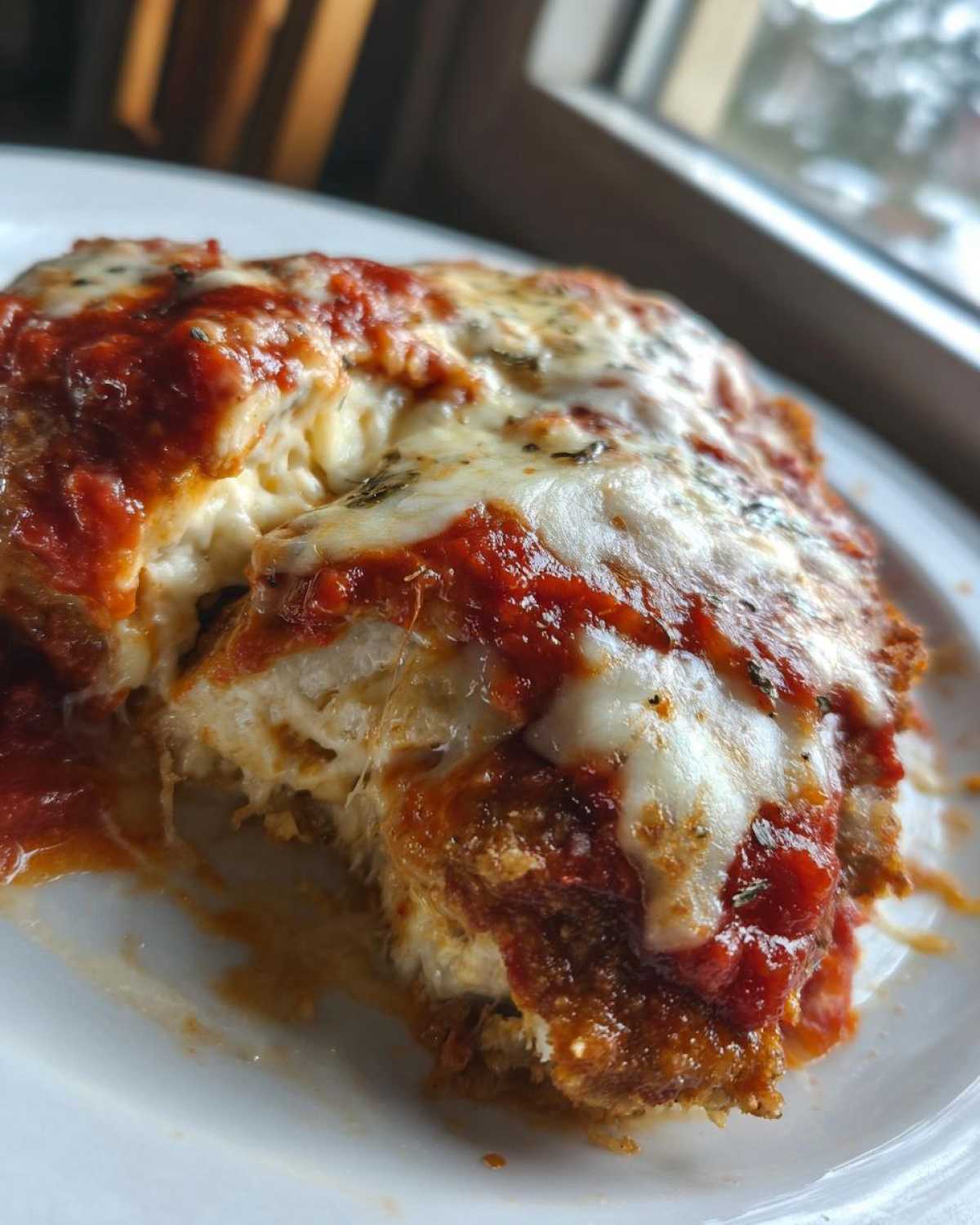 Close-up of a serving of Cheesy Chicken Parmesan, covered in melted mozzarella and rich tomato sauce.