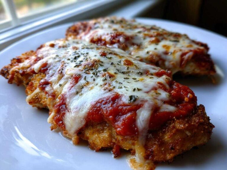 Two pieces of crispy, breaded Cheesy Chicken Parmesan topped with melted mozzarella and marinara sauce.