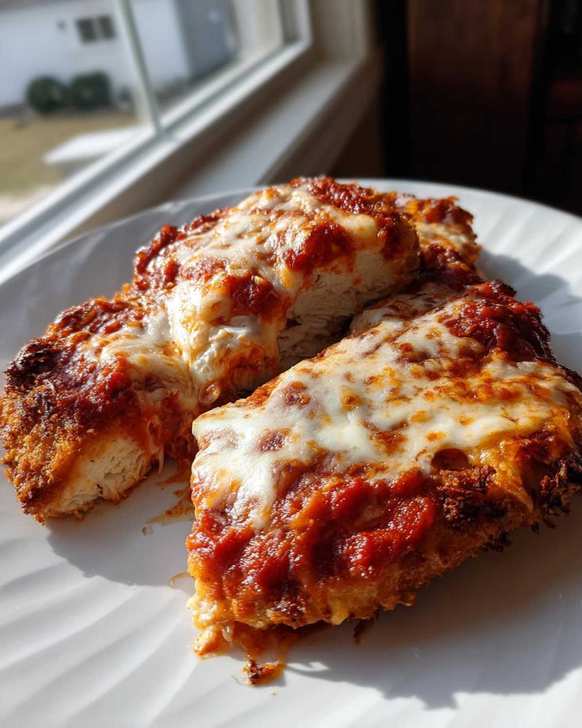 Three portions of Cheesy Chicken Parmesan topped with melted mozzarella and rich tomato sauce, resting on a white plate.