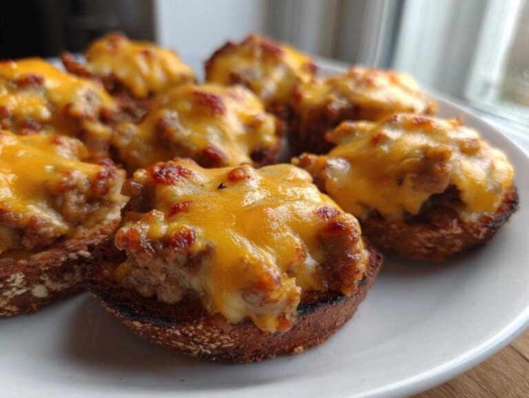 Close-up of several servings of the hanky panky recipe, featuring savory meat mixture on toasted bread topped with melted, bubbly cheddar cheese.