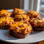 Close-up of several toasted bread rounds topped with a savory, cheesy mixture featuring bits of ham, part of the hanky panky recipe.