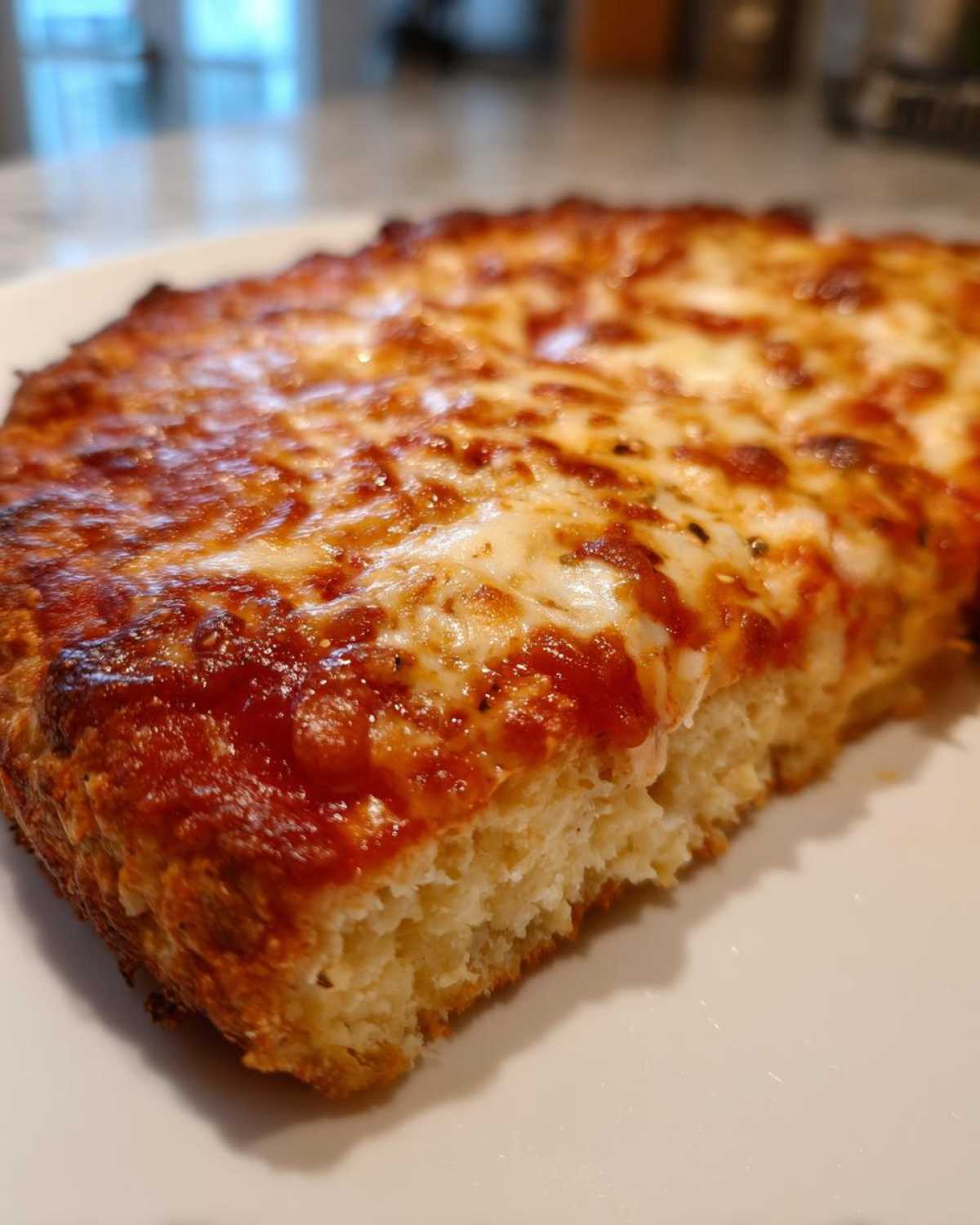 A close-up view of a thick slice of keto pizza crust topped with melted cheese and tomato sauce.