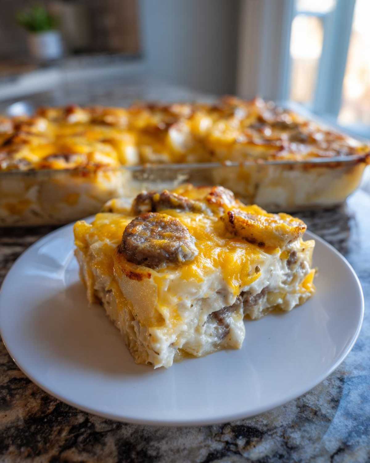 A close-up serving of cheesy pierogi casserole topped with sausage slices, with the main dish visible in the background.