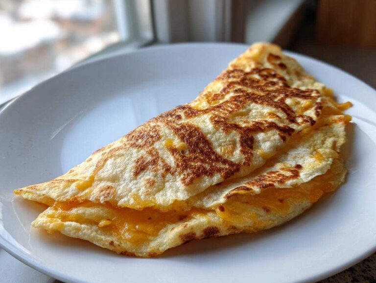 Amazing 25-Minute Cheesy Pocket Tacos A folded, golden-brown cheesy pocket tacos creation resting on a white plate near a window.