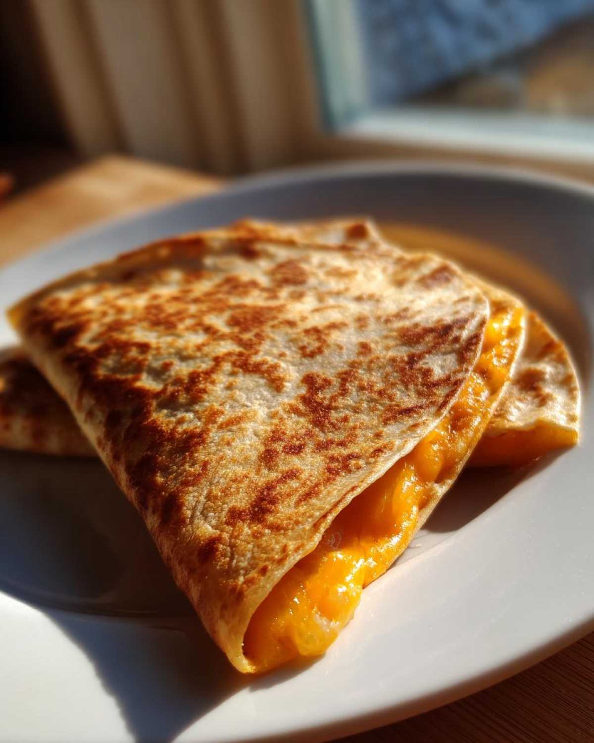 Close-up of a folded, golden-brown tortilla showing melted orange cheese inside, characteristic of cheesy pocket tacos.