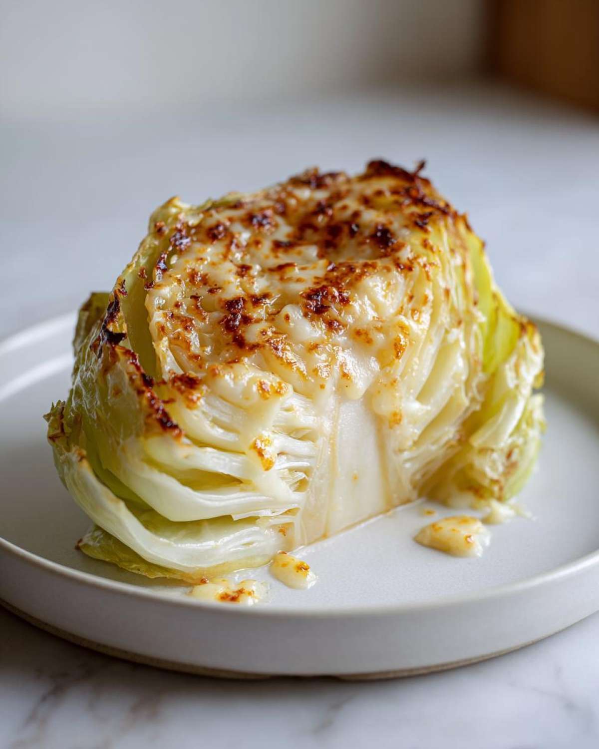 A thick wedge of roasted cabbage recipe topped with melted, browned cheese, served on a light gray plate.