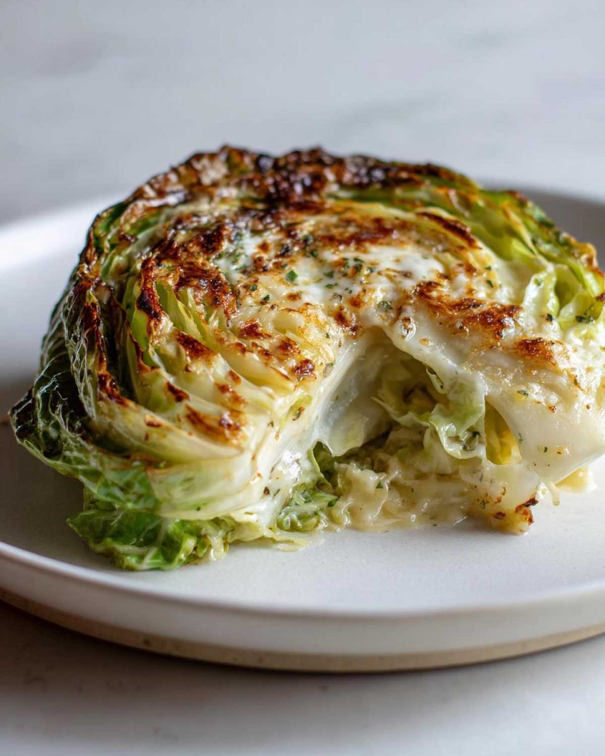 A close-up of a roasted cabbage recipe wedge topped with melted, browned cheese and herbs on a white plate.