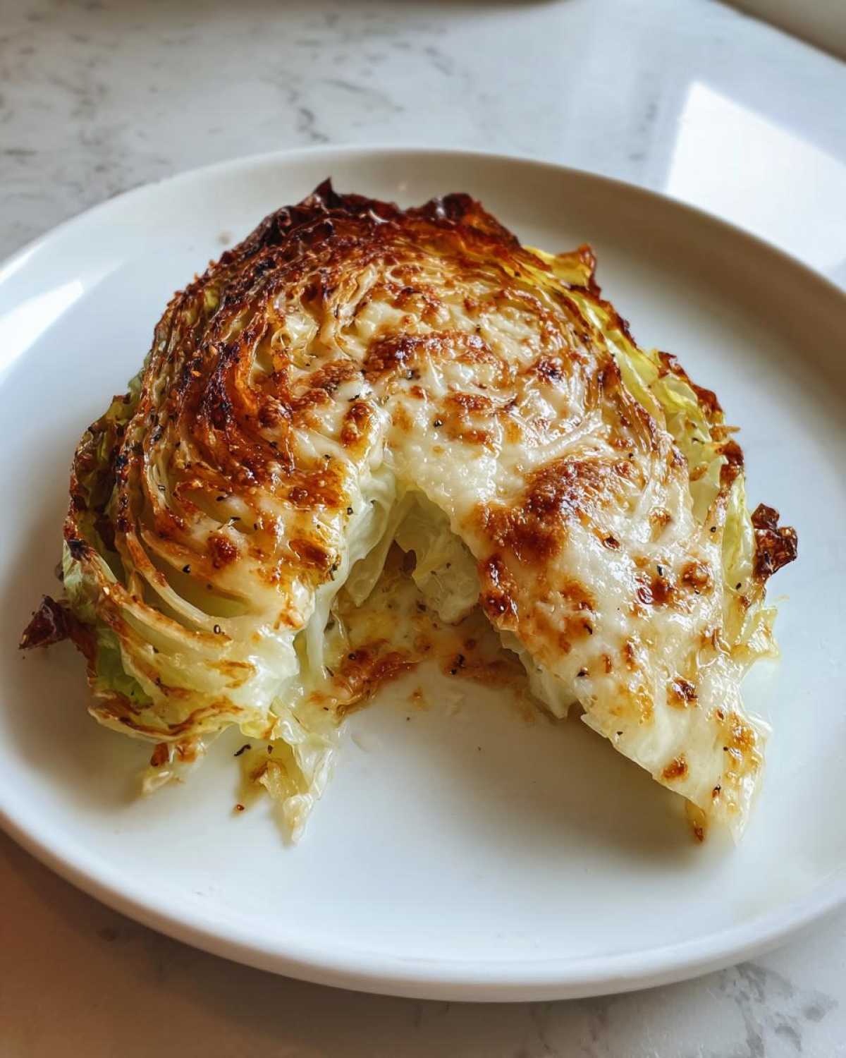 A wedge of roasted cabbage steak topped with melted, browned cheese, served on a white plate.