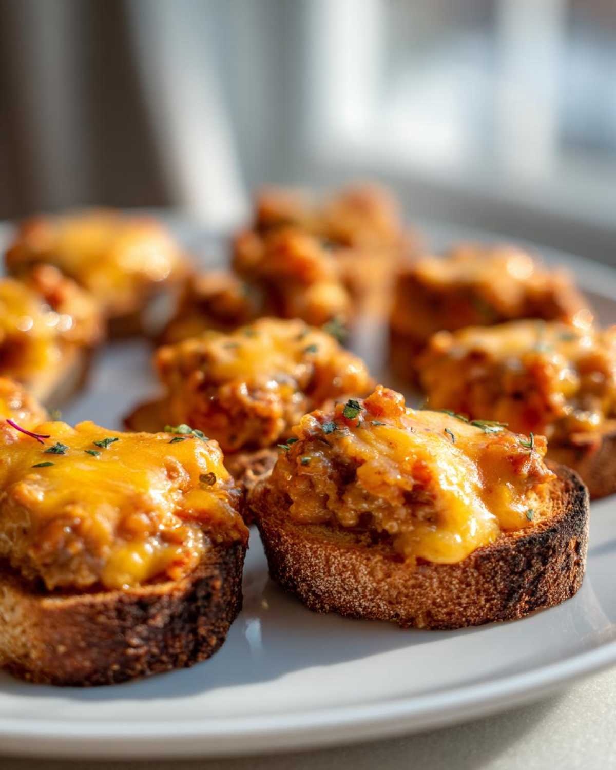 Close-up of toasted bread rounds topped with cheesy, savory Hanky Panky recipe mixture.