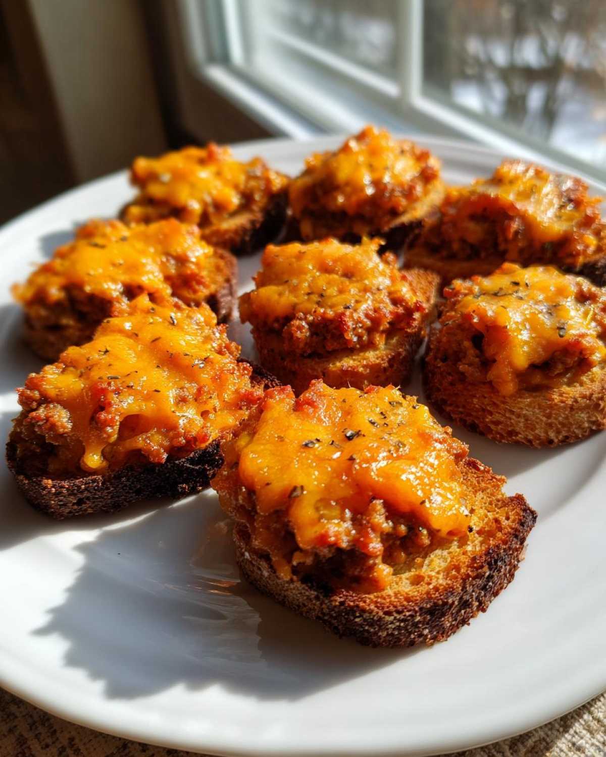 Close-up of toasted bread rounds topped with savory meat mixture and melted cheddar cheese, part of the hanky panky recipe.